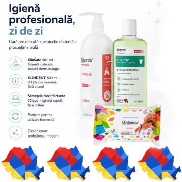 Pachet igiena completa Klintensiv, KlinSafe sapun lichid delicat 500 ml, KLINDENT apa de gura cu Clorhexidina 0.12% 500 ml si servetele dezinfectante maini 70 buc, 3 produse, 4x Stickere