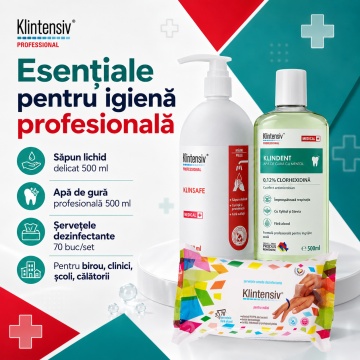 Pachet igiena completa Klintensiv, KlinSafe sapun lichid delicat 500 ml, KLINDENT apa de gura cu Clorhexidina 0.12% 500 ml si servetele dezinfectante maini 70 buc, 3 produse, 4x Stickere - Img 6