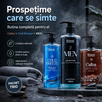 Pachet ingrijire barbati Klintensiv, sapun lichid Cafea 500 ml, gel de dus Cold Breeze 400 ml si sampon cu Zinc PCA si Pantenol 400 ml, 3 produse, 1.3 L, 4x Stickere - Img 6