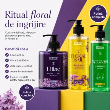 Pachet ingrijire completa Klintensiv, sapun lichid Liliac 500 ml, gel de dus hidratant Floral Sail 400 ml si sampon Anti-Cadere 400 ml, 3 produse, 1.3 L, 4x Stickere - Img 6