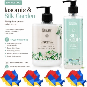 Pachet ingrijire corp Klintensiv, sapun lichid Iasomie 500 ml si gel de dus hidratant Silk Garden 400 ml, 2 produse, 900 ml, 4x Stickere