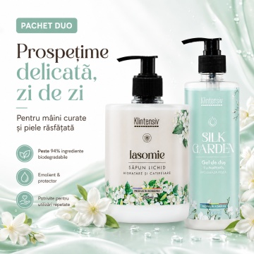 Pachet ingrijire corp Klintensiv, sapun lichid Iasomie 500 ml si gel de dus hidratant Silk Garden 400 ml, 2 produse, 900 ml, 4x Stickere - Img 6