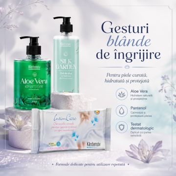 Pachet ingrijire personala Klintensiv, sapun lichid Aloe Vera 500 ml, gel de dus hidratant Silk Garden 400 ml si servetele intime IntimCare 40 buc, 3 produse, 4x Stickere - Img 6