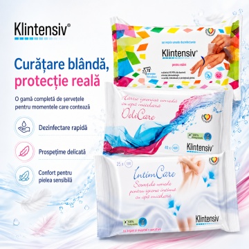 Pachet servetele umede Klintensiv, dezinfectante pentru maini 70 buc, hartie igienica umeda 40 buc si servetele intime IntimCare 40 buc, 3 seturi, 150 servetele, 4x Stickere - Img 6