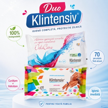 Pachet servetele umede Klintensiv, hartie igienica umeda biodegradabila 40 buc si servetele dezinfectante pentru maini 70 buc, 2 seturi, 110 servetele, 4x Stickere - Img 6