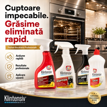 Pachet solutii curatenie bucatarie profesionala Klintensiv, degresant cu bicarbonat, solutie cuptor, solutie inox si detergent de vase, 4x 500 ml, 4x Stickere - Img 5