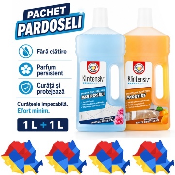 Pachet solutii curatenie Klintensiv, pentru pardoseli, parchet, gresie, marmura si granit Klintensiv, detergent concentrat fara clatire, parfum persistent, 2x 1 L, 4x Stickere