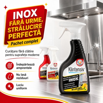 Pachet solutii curatenie plita, cuptor si inox Klintensiv, pentru grasime arsa, plita vitroceramica si suprafete din inox, 3x 500 ml, 4x Stickere - Img 5