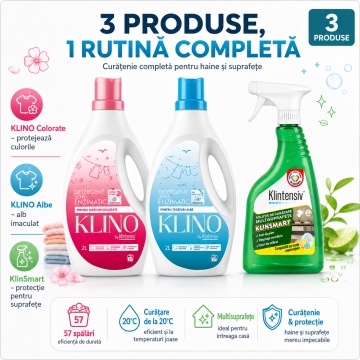 Pachet solutii curatenie rufe si casa KLINO KlinSmart Klintensiv, detergenti lichizi pentru rufe albe si colorate, solutie cu pelicula protectoare, 3 produse, 4,5 L, 4x Stickere - Img 5