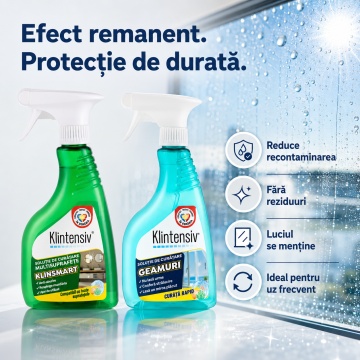 Pachet solutii curatenie si protectie suprafete KlinSmart Klintensiv, solutie cu pelicula protectoare si solutie geamuri cu efect antistatic, 2x 500 ml, 4x Stickere - Img 5