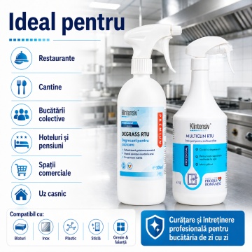Pachet solutii curatenie zilnica bucatarie Klintensiv Professional, DEGRASS Pro degresant 500 ml si MultiClin RTU detergent multisuprafete 1 L, 2 produse profesionale, 4x Stickere - Img 6