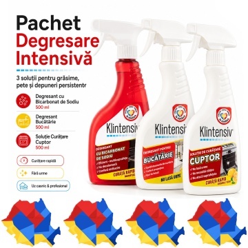 Pachet solutii degresare intensiva Klintensiv, degresant cu bicarbonat, degresant bucatarie si solutie cuptor, pentru grasime arsa si depuneri persistente, 3x 500 ml, 4x Stickere