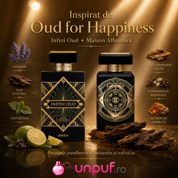 Parfum Arăbesc Alhambra Infini Oud Joyous 100 ml, Apă de Parfum Unisex, Damă și Bărbat, Maison Alhambra, Inspirat Oud for Happiness, Aromă Oriental Oud Lemnoasă cu Bergamotă, Piper Roz, Șofran, Lemn de Santal, Tămâie, Trandafir, Oud, Patchouli, Ambră și M - Img 7