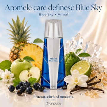 Parfum Arăbesc Armaf Blue Sky 105 ml, Apă de Parfum Unisex Damă și Bărbat, Aromă Fresh Fructată Citrică cu Ananas, Bergamotă, Măr, Vanilie, Ambroxan și Note Lemnoase - Img 8