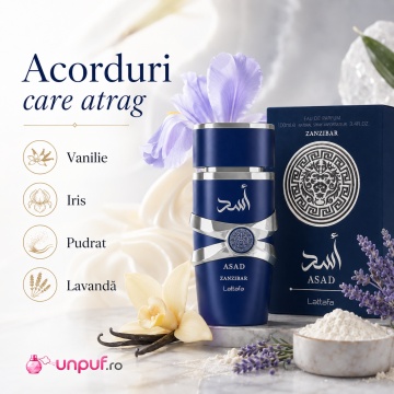 Parfum Arăbesc Asad Zanzibar Lattafa 100 ml, Apă de Parfum Bărbați, Inspirat Le Beau Jean Paul Gaultier, Aromă Floral Gurmandă cu Lavandă, Piper Negru, Iris, Nucă de Cocos, Sare, Tămâie și Vanilie - Img 4