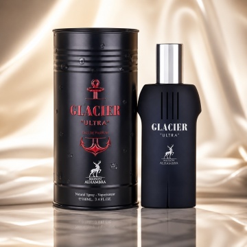 Parfum Arăbesc Bărbat Glacier Ultra Maison Alhambra 100 ml, Apă de Parfum, Inspirat de Ultra Male Jean Paul Gaultier, Aromă Oriental Fougere Dulce Condimentată cu Bergamotă, Lămâie, Lavandă, Mentă, Pară, Scorțișoară, Salvie, Chimion, Vanilie, Ambră, Cedru