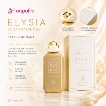 Parfum Arăbesc Elysia Sugar Patchouli Fragrance World 100 ml, Apă de Parfum Damă, Aromă Gourmand Patchouli Dulce cu Fructe Roșii, Bergamotă, Zahăr Brun, Tonka, Caramel, Flori Albe, Patchouli, Ambră, Mosc și Vanilie - Img 8