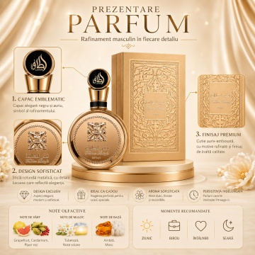 Parfum Arăbesc Fakhar Extrait Gold Lattafa Pride 100 ml, Apă de Parfum Bărbat, Aromă de Pielărie cu Tuberoză, Note Florale, Rășină, Pin, Note Animalice, Ambră și Mosc - Img 3