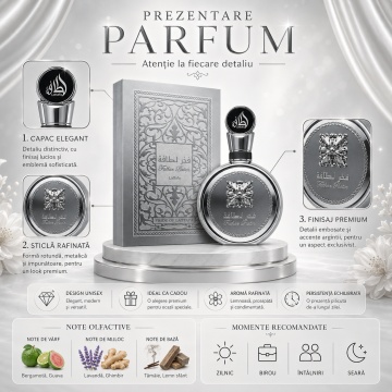 Parfum Arăbesc Fakhar Platin Lattafa Pride 100 ml, Apă de Parfum Bărbat, Aromă Aromatic Fougere cu Bergamotă, Cardamom, Piper Roz, Ghimbir, Guava, Lavandă, Palo Santo, Lemn de Santal și Tămâie - Img 3