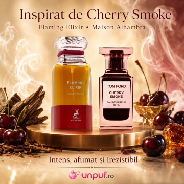 Parfum Arăbesc Flaming Elixir Maison Alhambra 80 ml, Apă de Parfum Unisex, Damă și Bărbat, Inspirat Cherry Smoke Tom Ford, Aromă Oriental Condimentată cu Vișină, Șofran, Caisă, Măslină, Osmanthus, Pielărie, Note de Fum, Note Lemnoase, Ulei Cypriol și Naga - Img 8