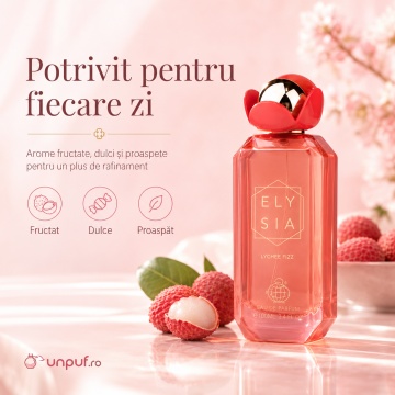 Parfum Arăbesc Fragrance World Elysia Lychee Fizz 100 ml, Apă de Parfum Damă, Aromă Fructată și Proaspătă cu Litchi, Măr Roșu, Coacăze Negre, Zahăr, Lămâie, Violetă, Citrice, Flori Albe, Lavandă, Ambră și Mosc - Img 7