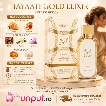 Parfum Arăbesc Hayaati Gold Elixir Lattafa 100 ml, Apă de Parfum Unisex, Aromă Oriental Vanilată cu Anason, Lemn de Santal, Ylang-Ylang, Cedru, Note Pudrate, Ambră și Vanilie - Img 9