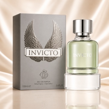 Parfum Arăbesc Invicto Fragrance World 100 ml, Apă de Parfum Bărbat, Aromă Aromatic Acvatică Proaspătă cu Grapefruit, Acord Marin, Mandarină, Dafin, Iasomie, Ambergris, Patchouli, Lemn de Guaiac și Mușchi