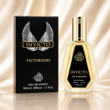 Parfum Arăbesc Invicto Victorious Fragrance World 50 ml, Apă de Parfum Bărbat, Aromă Aromatic Acvatică Proaspătă cu Grapefruit, Acord Marin, Mandarină, Dafin, Iasomie, Ambergris, Patchouli, Lemn de Guaiac și Mușchi