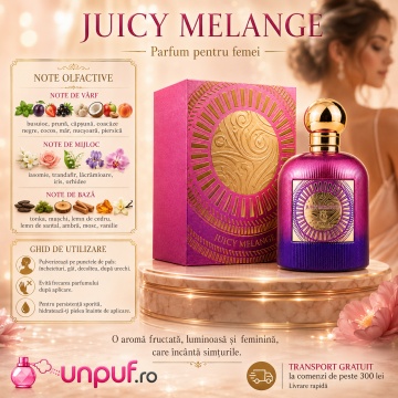 Parfum Arăbesc Juicy Melange Emir 100 ml, Apă de Parfum Damă, Aromă Fructat Dulce Proaspătă, Fructe Tropicale, Bergamotă, Piersică, Fructe Roșii, Flori Albe, Mosc și Vanilie, Inspirată de Eden Sparkling Lichee - Img 9