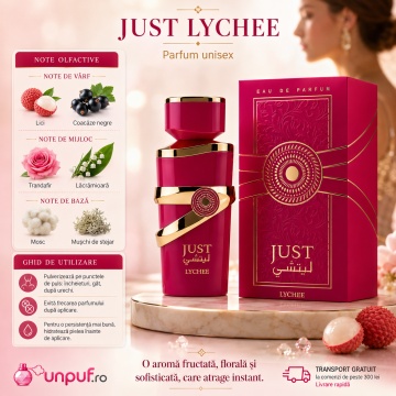 Parfum Arăbesc Just Lychee Fragrance World 100 ml, Apă de Parfum Damă, Aromă Floral Fructată cu Lici, Ananas, Caramel, Coacăză Neagră, Ambră, Lăcrămioară, Trandafir, Mosc, Mușchi și Vanilie - Img 9