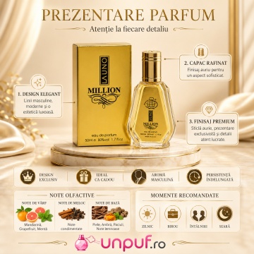Parfum Arăbesc La Uno Million Fragrance World 50 ml, Apă de Parfum Bărbat, Aromă Lemnos Condimentată Ambrată cu Grapefruit, Mandarină Roșie, Mentă, Condimente, Scorțișoară, Trandafir, Patchouli, Ambră, Note Lemnoase și Piele - Img 3