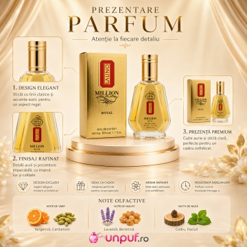 Parfum Arăbesc La Uno Million Royal Fragrance World 50 ml, Apă de Parfum Bărbat, Aromă Lemnos Ambrată Condimentată cu Bergamotă, Cardamom, Mandarină, Frunză de Violetă, Lavandă, Salvie, Benzoin, Cedru, Patchouli și Ambroxan - Img 3