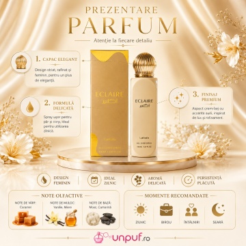 Parfum Arăbesc Lattafa Eclaire All Over Spray 150 ml, Spray de Păr și Corp Damă, Aromă Dulce cu Caramel, Vanilie și Mosc - Img 3