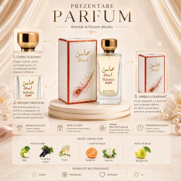 Parfum Arăbesc Lattafa Mahasin Crystal 100 ml, Apă de Parfum Unisex, Damă și Bărbat, Aromă Fructat Florală cu Măr, Coacăze Negre, Frezie, Tangerină, Iasomie și Bergamotă - Img 3