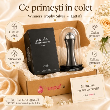 Parfum Arăbesc Lattafa Pride Winners Trophy Silver EDP 100 ml Unisex, Inspirat Born In Roma Intense, Aromă Florală cu Mandarină, Tămâie, Lemn de Cedru, Vetiver, Lavandă și Vanilie - Img 4