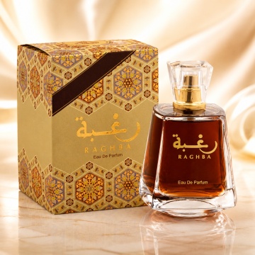 Parfum Arăbesc Lattafa Raghba 100 ml, Apă de Parfum Damă, Aromă Oriental Vanilată cu Vanilie, Zahăr, Tămâie, Lemn de Agar, Lemn de Santal și Mosc