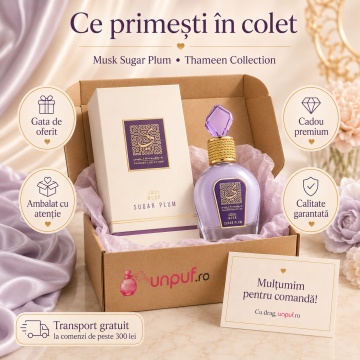 Parfum Arăbesc Lattafa Thameen Sugar Plum EDP 100 ml Unisex, Inspirat Delina, Aromă Mosc Fructată cu Prune, Iasomie, Ambră, Mosc, Fructe Proaspete și Note Florale - Img 4