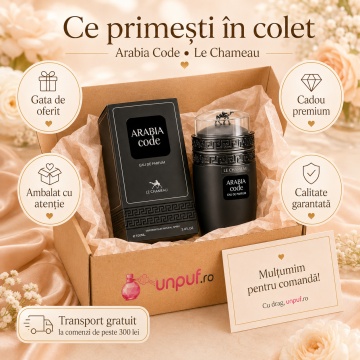 Parfum Arăbesc Le Chameau Arabia Code EDP 100 ml Bărbați, Inspirat Armani Code, Aromă Oriental Ambrată cu Citrice, Condimente, Șofran, Rășini, Flori Albe, Cedru, Ambră, Mosc și Vanilie - Img 4