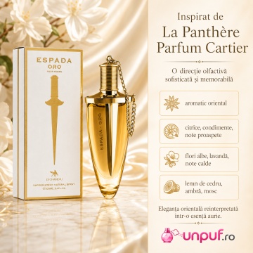 Parfum Arăbesc Le Chameau Espada Oro EDP 100 ml Bărbat, Aromă Aromatic Orientală cu Citrice, Condimente, Flori Albe, Lavandă, Lemn de Cedru, Ambră și Mosc - Img 4