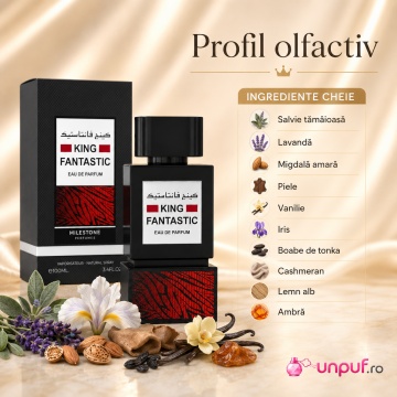 Parfum Arăbesc Milestone King Fantastic EDP 100 ml Bărbat, Aromă Aromatic Orientală cu Citrice, Condimente, Lavandă, Flori Albe, Note Calde, Lemn de Cedru, Ambră și Mosc - Img 4