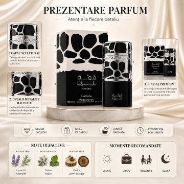 Parfum Arăbesc Qimmah For Men Lattafa 100 ml, Apă de Parfum Bărbat, Aromă Orientală cu Ambră, Cedru, Oud, Lavandă, Lemn de Santal, Rășină, Rozmarin, Paciuli și Vetiver - Img 3
