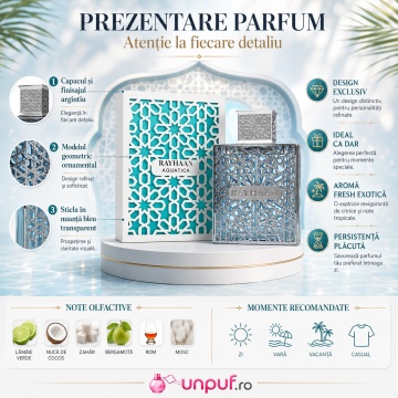 Parfum Arăbesc Rayhaan Aquatica EDP 100 ml pentru Bărbați, Aromă Fresh Exotică, Citrice, Cocos, Bergamotă, Rom și Mosc - Img 3