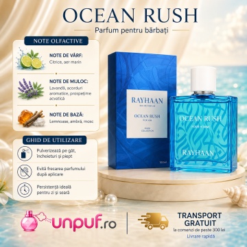 Parfum Arăbesc Rayhaan Ocean Rush Men EDP 100 ml Bărbat, Inspirat Light Blue Eau Intense, Aromă Acvatic Proaspătă cu Note Marine, Bergamotă, Grepfrut, Lavandă, Note Ozonice, Salvie, Cedru, Ambroxan și Mosc - Img 6