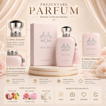Parfum Arăbesc Shalina Royal Essence Eau de Parfum 100 ml, Damă, Aromă Floral Orientală cu Trandafir, Litchi, Bergamotă, Rubarbă, Crin, Bujor, Mosc, Cașmir, Tămâie și Vanilie - Img 3