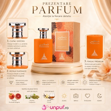 Parfum Arăbesc Taskeen Paris Corner 100 ml, Apă de Parfum Unisex, Damă, Bărbat, Aromă Fructat Gurmandă, Citrice, Piersică, Caramel și Vanilie, Inspirat Erba Pura - Img 3