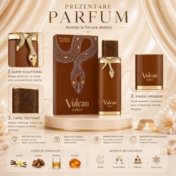Parfum Arăbesc Unisex Vulcan Sable French Avenue 100 ml, Apă de Parfum, Inspirat de Sand Dance Stéphane Humbert Lucas, Aromă Caldă Ambrată și Vanilată cu Citrice, Condimente, Note Proaspete, Flori Albe, Lavandă, Lemn de Cedru, Ambră, Mosc, Whiskey și Acce - Img 3