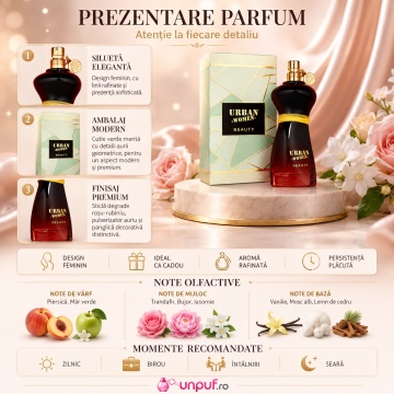 Parfum Arăbesc Urban Women Beauty Fragrance World 100 ml, Apă de Parfum Damă, Aromă Floral Fructată Feminină cu Coacăze Negre, Mandarină, Pară, Floare de Portocal, Iasomie, Iris, Patchouli, Praline, Mosc și Vanilie - Img 3