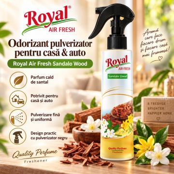 Parfum Concentrat de Cameră Sandalo Wood Royal, Parfum Ambiental Intens cu Aromă Lemnoasă de Santal, pentru Spații Interioare si Auto, 250 ml