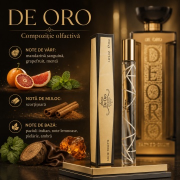 Parfum De Oro 35 ml, Apă de Parfum Unisex, Aromă Cald Condimentată, Ambrată și Lemnoasă, Format Compact, Note de Mandarină Sângerie, Grapefruit, Mentă, Scorțișoară, Paciuli Indian, Note Lemnoase, Pielărie și Ambră - Img 3