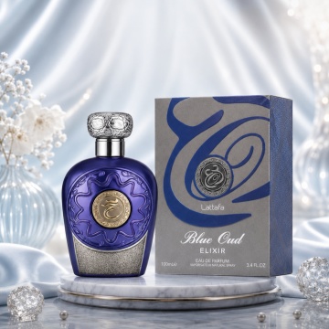 Parfum Lattafa Blue Oud Elixir, Eau de Parfum Bărbați, 100 ml, aromă oriental lemnoasă, yuzu, grepfrut, lămâie, piper